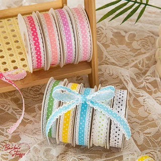 🇹🇭🚀💥(แบ่งตัด 1 หลา) ริบบิ้นผ้ากรอสเกรน ขอบลูกไม้ ลายจุด Polka Dot โทนสีสวยสดใส ผูกโบว์ ผูกของขวัญ