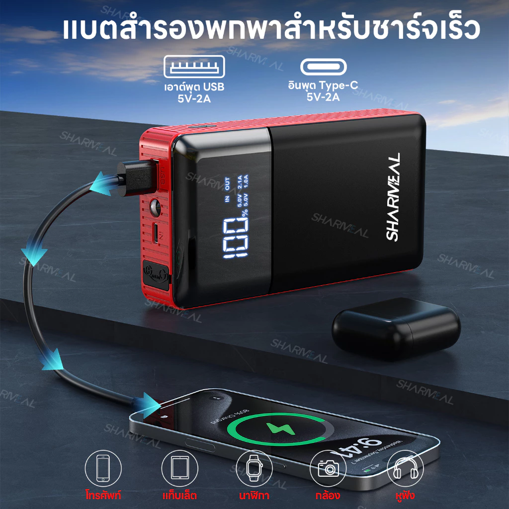 Sharmeal พกพา อุปกรณ์ช่วยสตาร์ทรถ แบตเตอรี่ทนทานชาร์จผ่าน USB ตัวเลือกแรกสำหรับรถใช้ในครอบครัว จั๊มสตาร์ท thumbnail 9