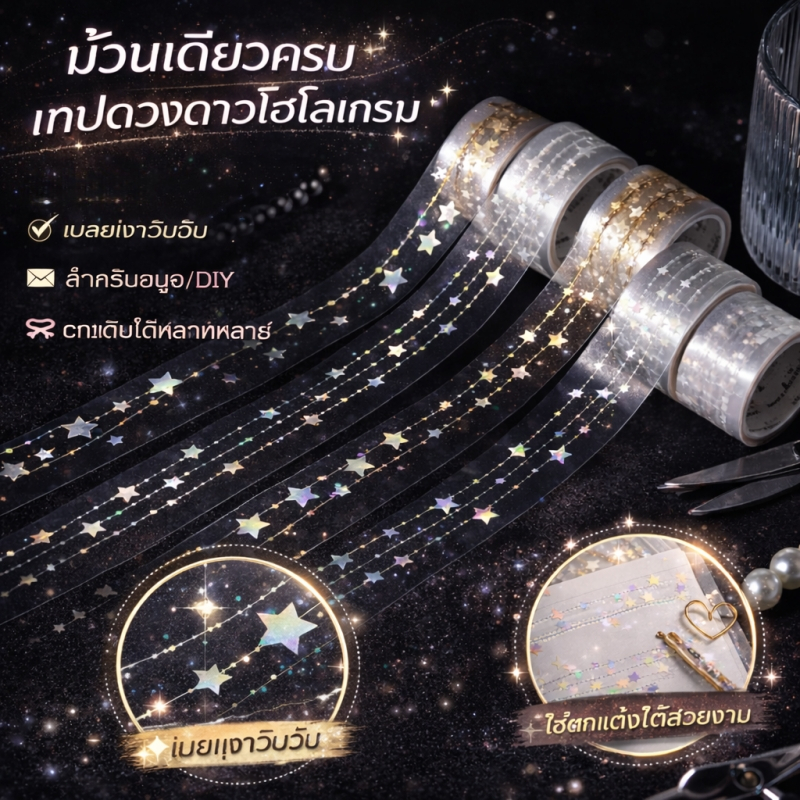 ✨พร้อมส่ง✨ เทปวาชิ เทปสติ๊กเกอร์ เทปตกแต่ง ลายดาว 3x200 ซม. กาวในตัว ผิวเงา DIY สมุดโน้ต Journal Washi Star Tape