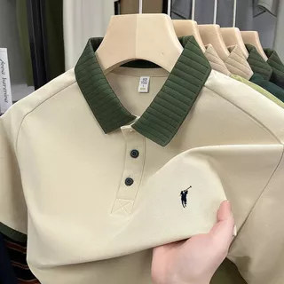 เสื้อโปโลแขนสั้นผู้ชาย สีเขียว คอปก ผ้าฝ้ายเนื้อนุ่ม สไตล์คลาสสิก สวมใส่สบาย