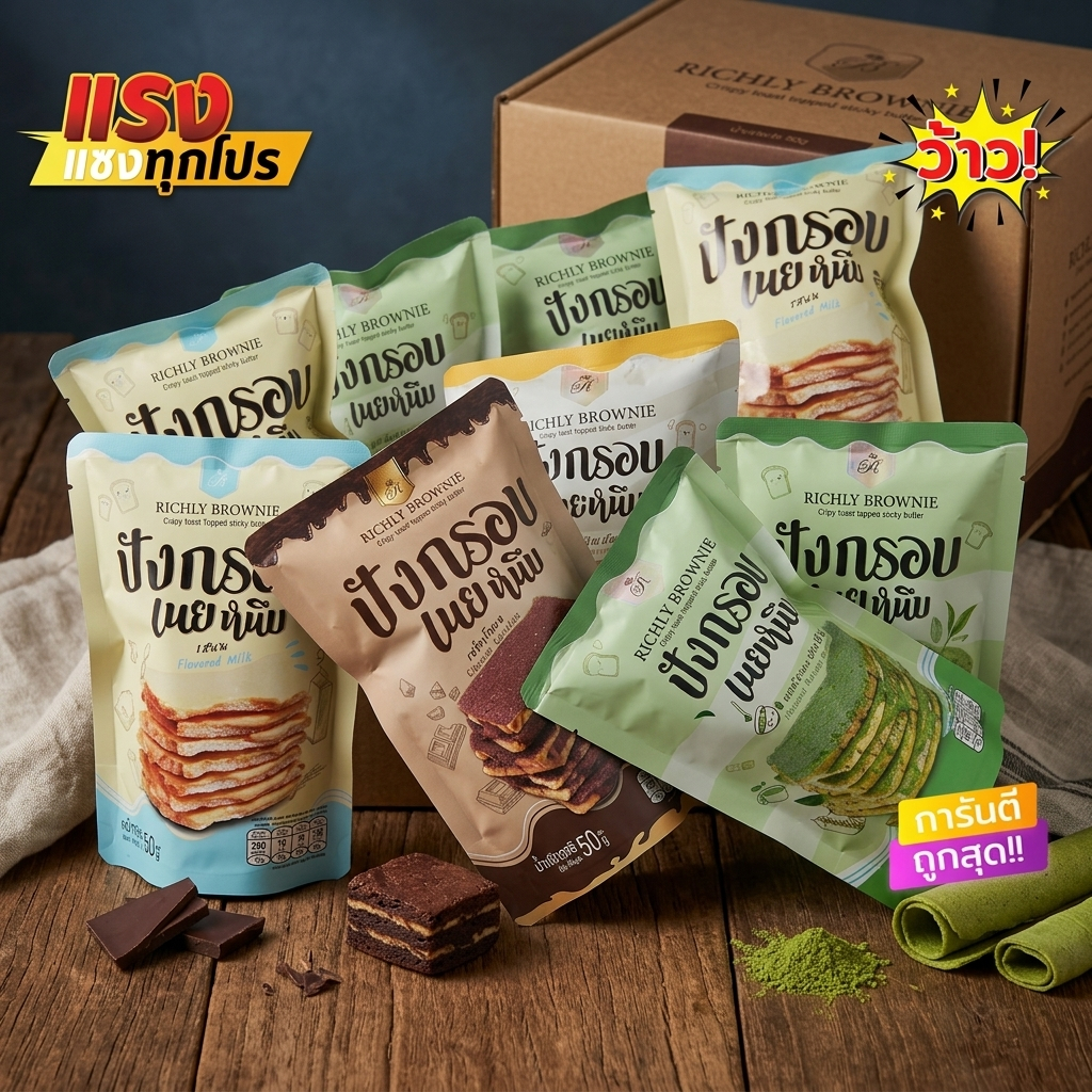 ✨เซ็ต12 ห่อ✨ปังกรอบเนยหนึบ Richly brownie [คละรสได้] มี7รสชาติ นม ช็อกโกแลต ชาเขียว ไข่เค็ม เห็ดทรัฟเฟิล ส้มยูสุ ทุเรียน