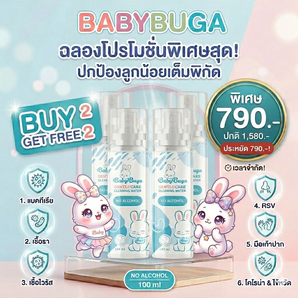 [2Free2] BabyBuga Gentle Care Cleaning Water เบบี้บูก้า สเปรย์ทำความสะอาดมือและผิวหน้า ขนาด 100ml