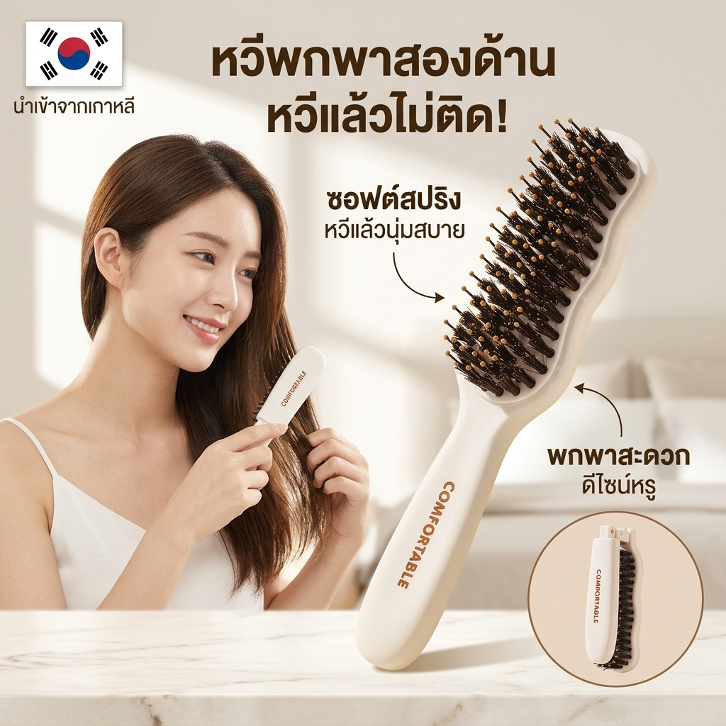 หวีขนหมูป่าแท้ ขนแน่นBoar-Bristle Hair Brush แก้ผมพันกัน ขาดหลุดร่วง ลดไฟฟ้าสถิตย์ ผมหนาเงางาม
