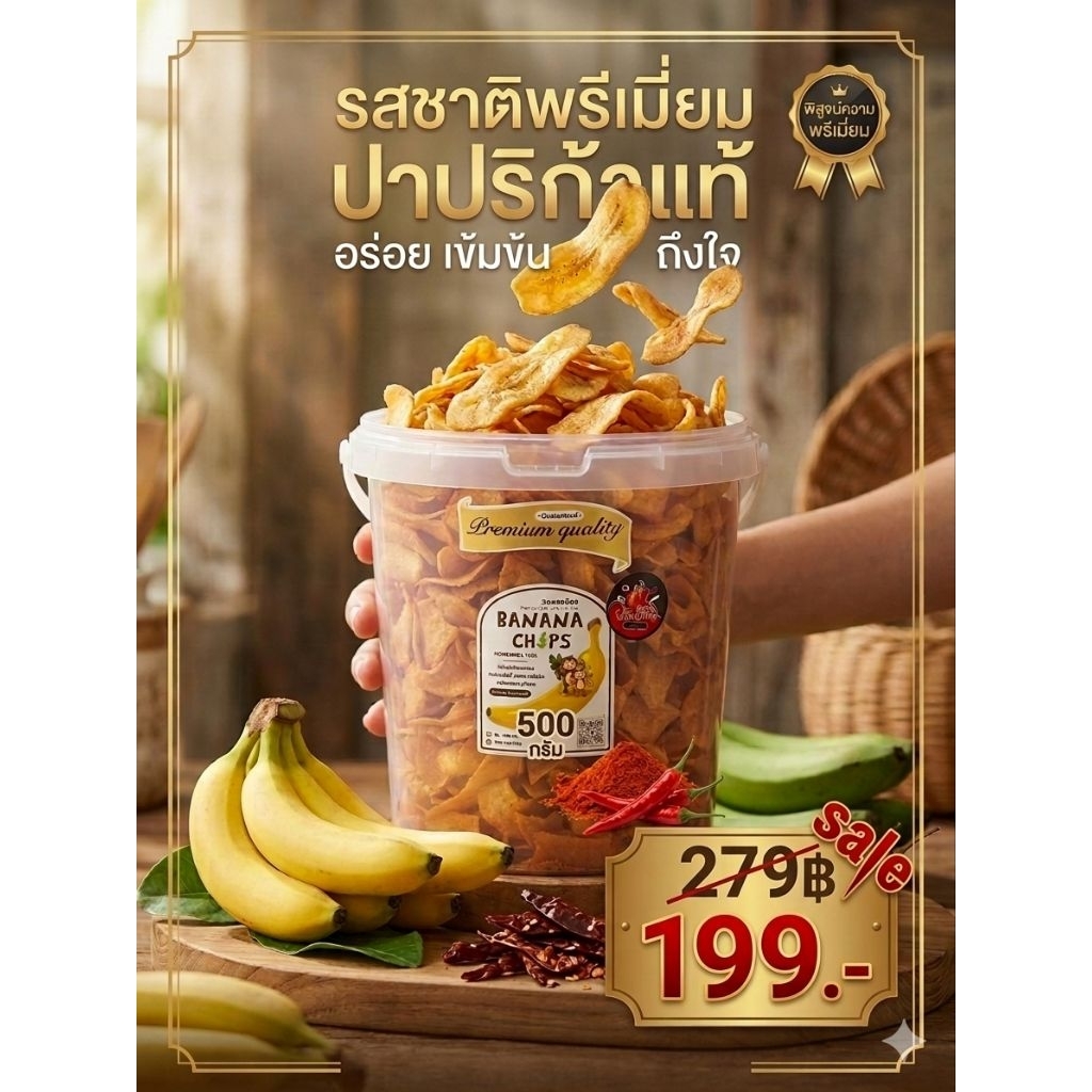 กล้วยไข่หอมทองกรอบ รสปาปริก้า ขนาด 500 กรัม ถังใหญ่จุใจ