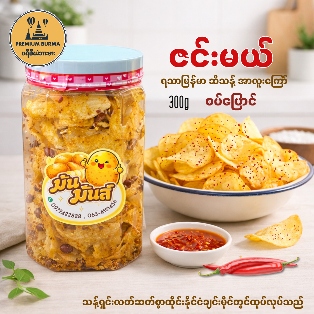 มันฝรั่งทอดรสเผ็ด เชียงใหม่ ဇင်းမယ် အာလူးကြော် အပါးအစပ် ဘူး Man Man Potato Chips in Tub 300g (Spicy)