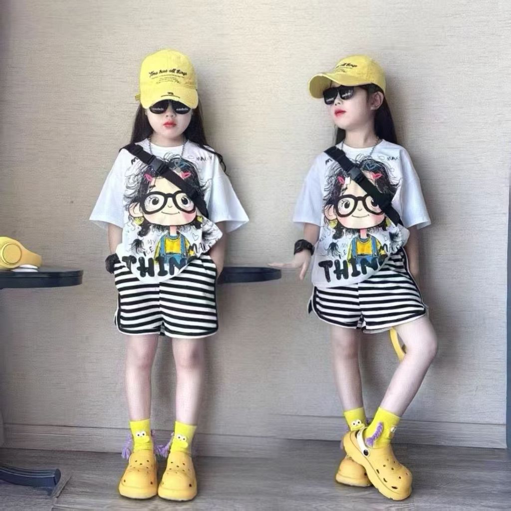 Babyonline(Y086)C5 (ส่งด่วน1วัน)ชุดเซ็ตเสื้อยืดกางเกงขาสั้นลายเด็กผู้หญิง ผ้าฝ้าย ใส่สบาย