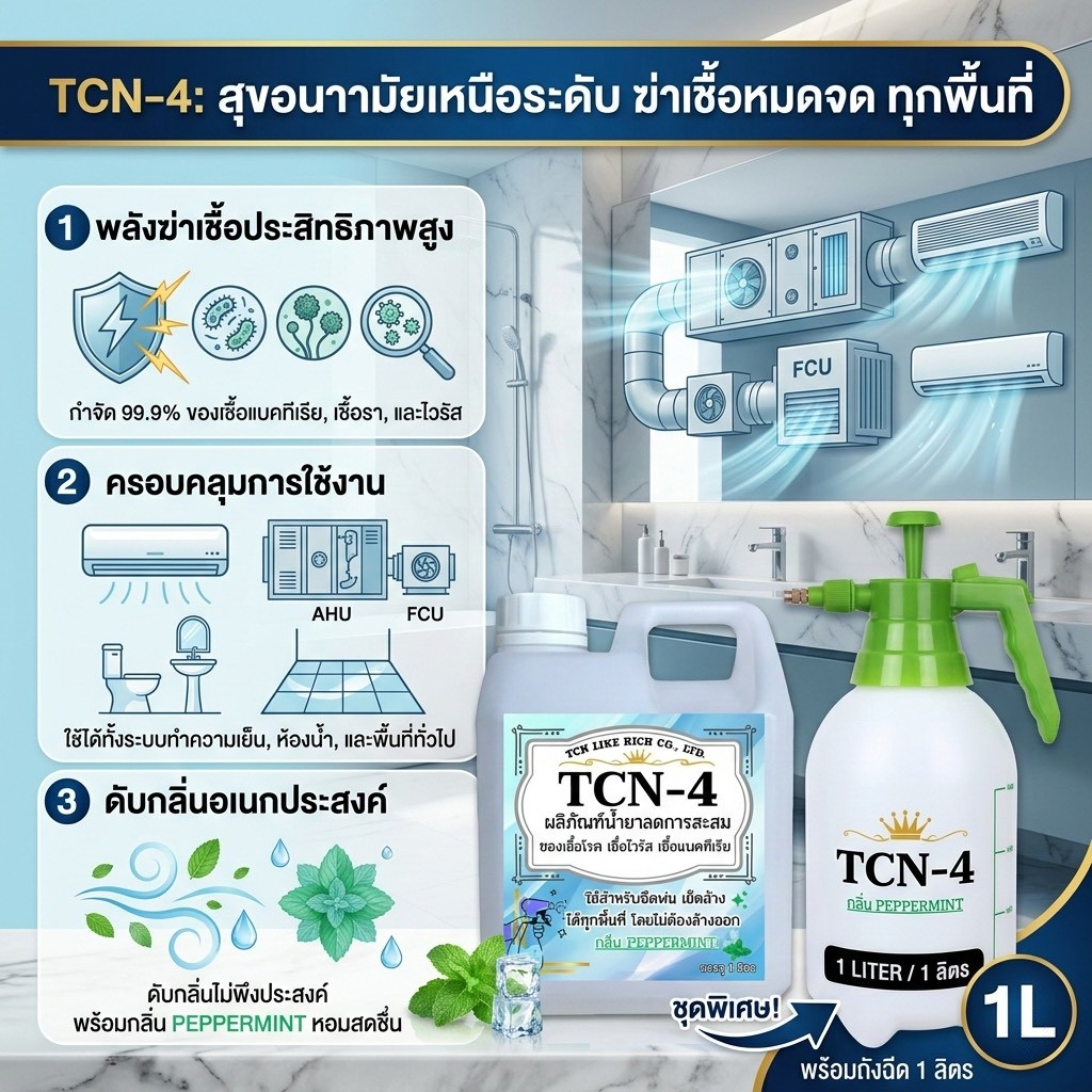 TCN4 ผลิตภัณฑ์ช่วยลดการสะสมของเชื้อโรค ใช้ได้ทั้งแอร์และสุขภัณฑ์ ใชสำหนรับฉีดพ่นได้ทุกสถานที่ โดยไม่ต้องล้างออก