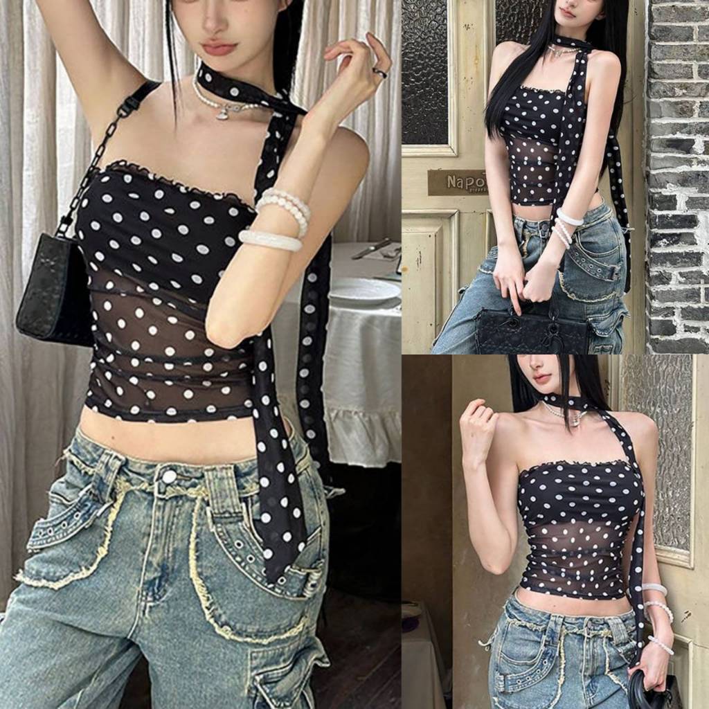 Sosexy【พร้อมส่ง】เสื้อเกาะอกซีทรู ลายจุด Y2K ดีไซน์สายคล้องคอเข้ารูป มีสีเดียว (H21-5055)