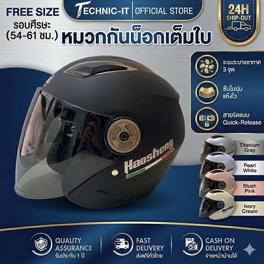 ลดล้างสต๊อก หมวกกันน๊อค หมวกกันน๊อคเต็มใบ ไม่หุ้มคาง Helmet ขนาดฟรีไซส์ 54-61CM. ใส่ได้ทั้งชายหญิง