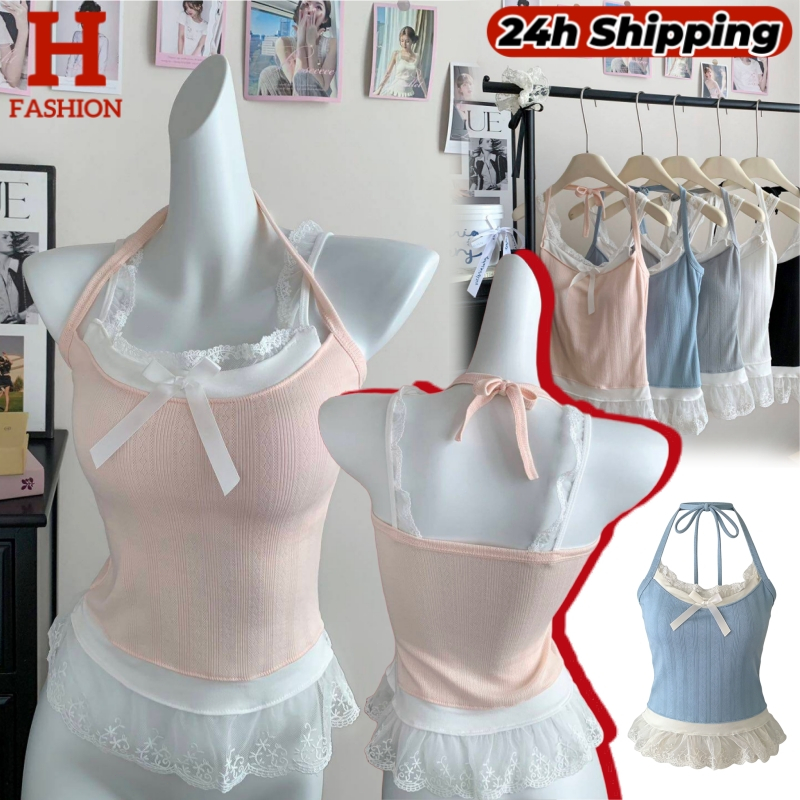 HOT พร้อมส่ง เสื้อสายเดี่ยว มีฟองน้ำ ดีเทลเสริมสายคล้องคอสีพาสเทลผ้านุ่มนิ่ม FY864