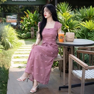 TT17921 เดรสยาว ซีทรูแต่งดอกปอมๆ