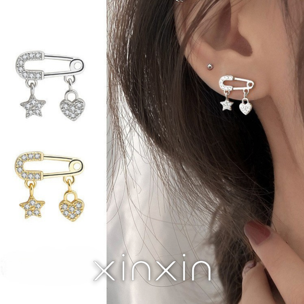 XINXIN พร้อมส่งจากไทย ต่างหูเงินแท้ S925 ต่างหูห่วงทรงดาวหัวใจ สไตล์เกาหลีA40