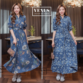 🌈🌿🌼🌺🌸💙🇰🇷 Jeans Floral Long Sleeve Rope Maxi Dress Shirt