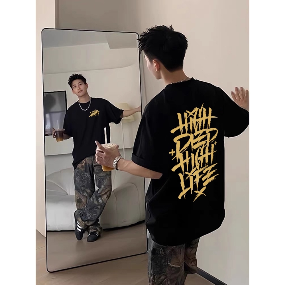 (ผ้าฝ้าย 100%)Luvoro oversize unisex เนื้อผ้านุ่มระบายแขนสั้น T-shirt สีดำและสีขาว เสื้อยืดทูโทน เสื้อยืดแขนสั้น