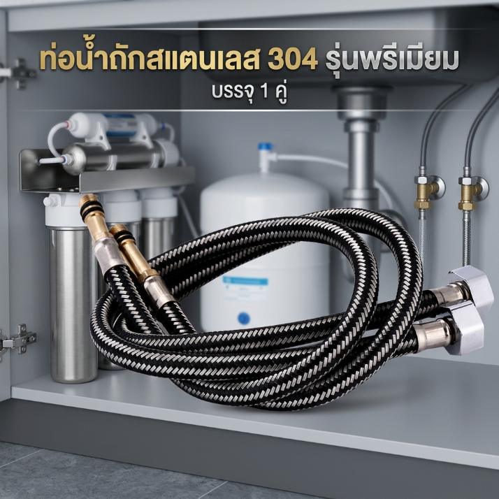 สายน้ำดีก๊อกผสม น้ำร้อน-เย็น สายน้ำดี 2 หุน สแตนเลสถัก ก๊อกน้ำเย็นและร้อนท่อน้ำเข้า 4 จุด 304 สแตนเลสถักปลายท่อโลหะอ่างล