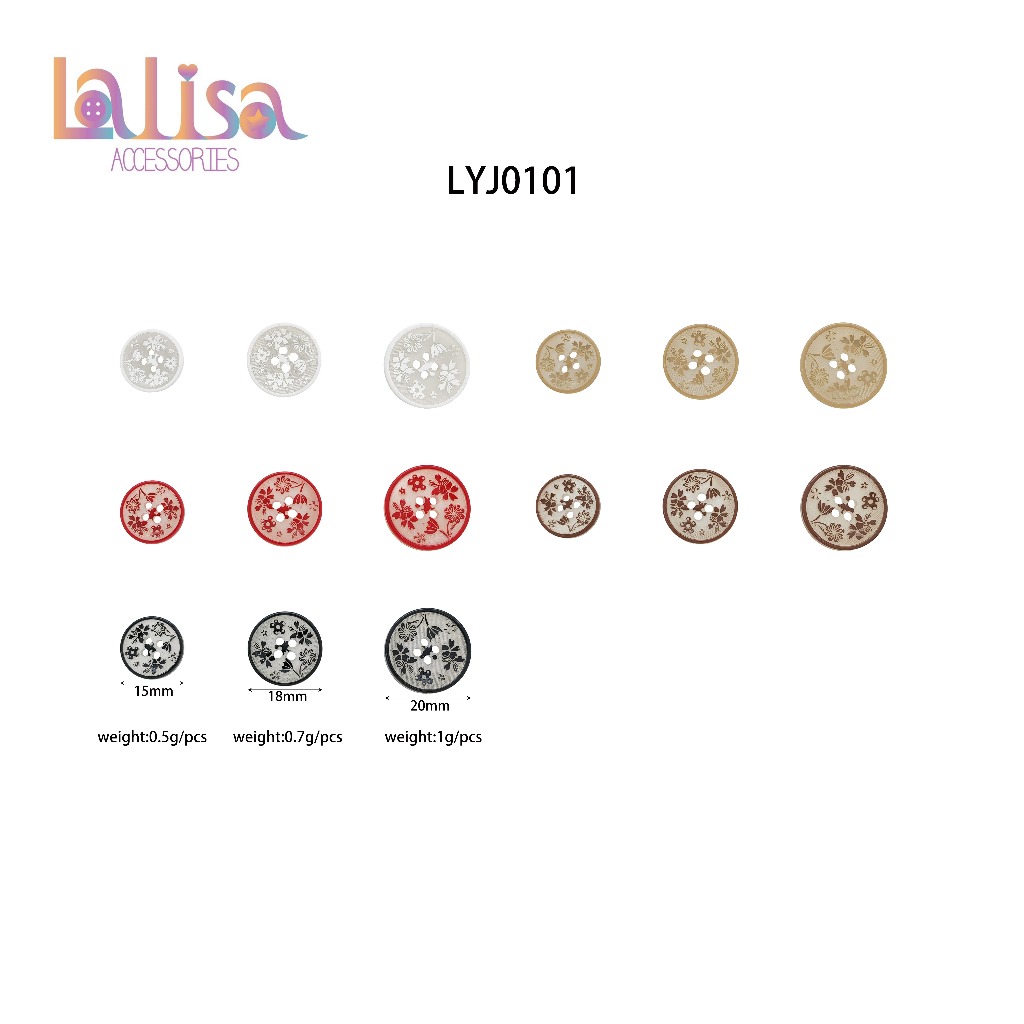 กระดุมลายดอกไม้ 4 รู สีคลาสสิก 15-20 มม. กระดุมแฟชั่นลายดอก สไตล์วินเทจ resin button LYJ0101
