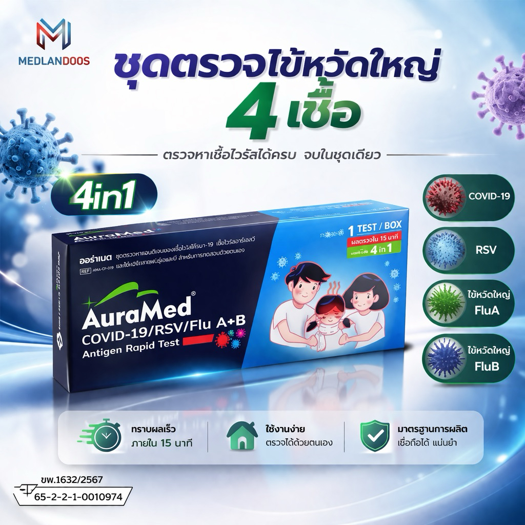Auramed 4 in1​ ชุดตรวจไข้หวัดใหญ่ สายพันธุ์​ A​ และ​ B/ RSV/ โควิค​ Covid-19 ตรวจจับเชื้อไวรัส