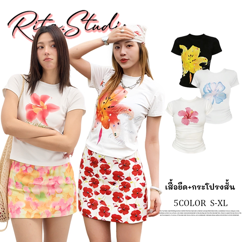 Rita พร้อมส่ง🍒เสื้อยืดลายดอกไม้สไตล์เกาหลี แต่งตัวกับกระโปรงสั้น สวมใส่สบาย ทรงกระชับ ใส่ได้ทุกวัน เข้ากับทุกลุค