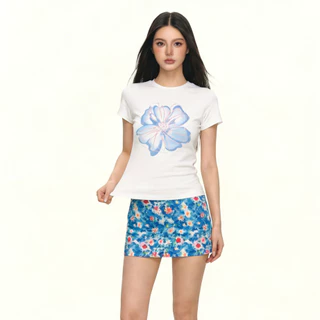 Rita พร้อมส่ง🍒เสื้อยืดลายดอกไม้สไตล์เกาหลี แต่งตัวกับกระโปรงสั้น สวมใส่สบาย ทรงกระชับ ใส่ได้ทุกวัน เข้ากับทุกลุค