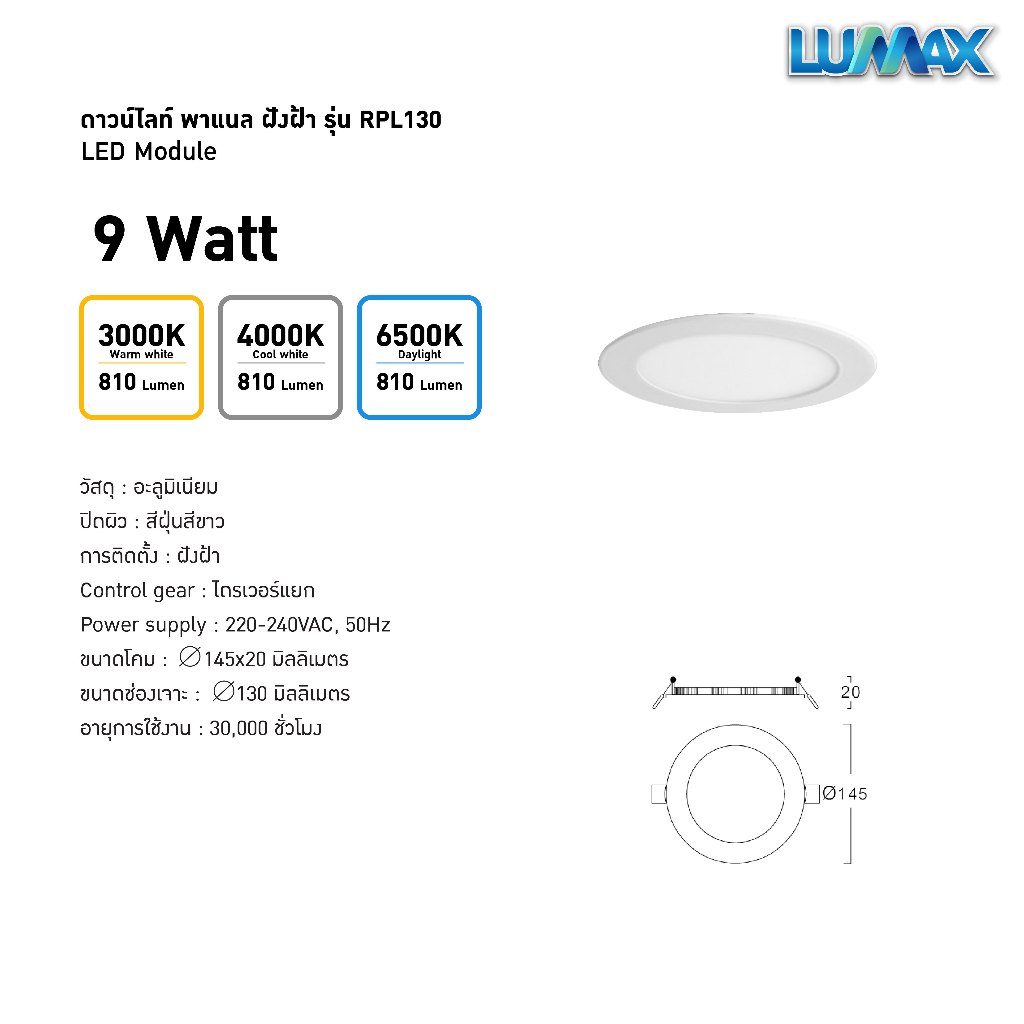 LUMAX Downlight โคมไฟดาวน์ไลท์ฝังฝ้า PANEL LED ทรงกลม 9w มีแสงให้เลือก 3 แสง (Warm,Cool,Day)รุ่น RPL130 ราคา ถูกที่สุด ดีลบีเคเค แกลเลอรีภาพที่ 6