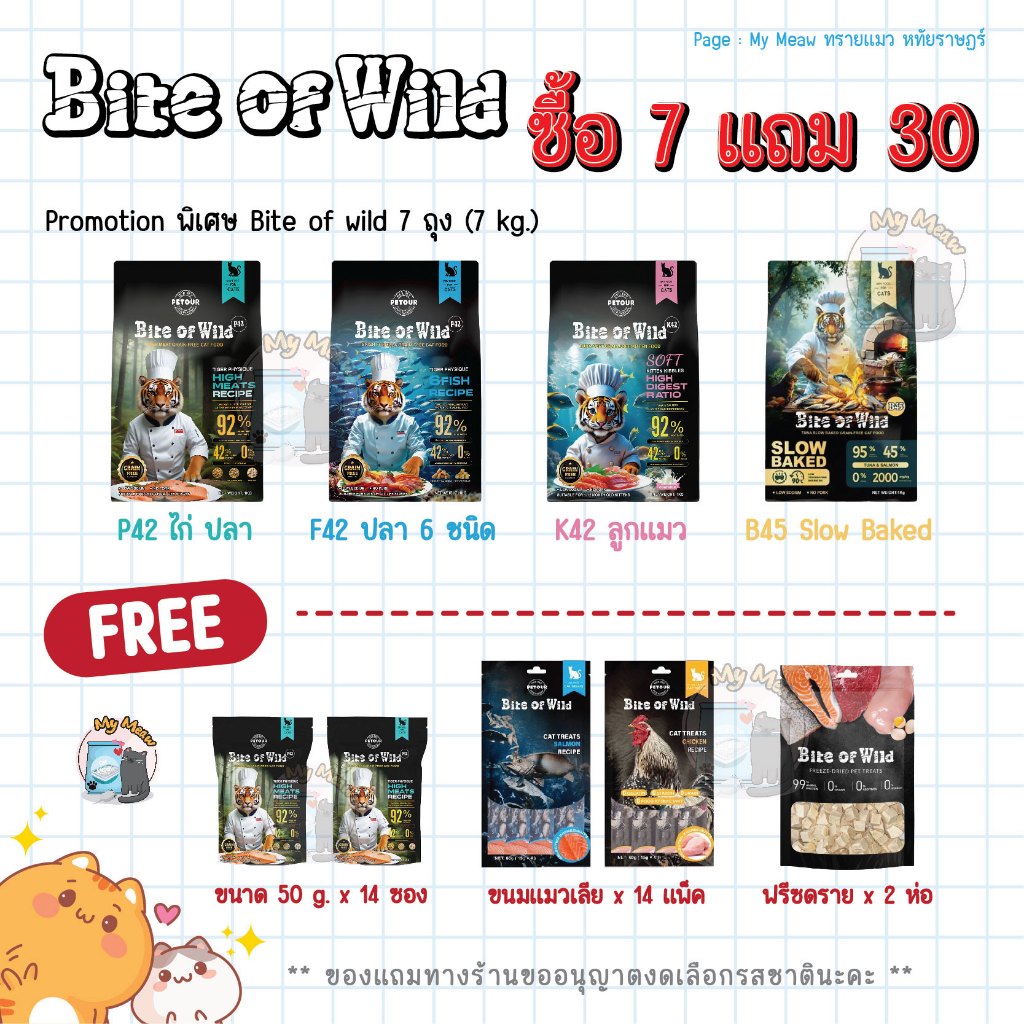 🔥 เซ็ท 7 ถุง 🔥 Bite of Wild ขนาด 1 kg. x 7 ถุง อาหารแมว แบบเม็ด ไบท์ ออฟ ไวลด์ Premium ผสมฟรีซดราย