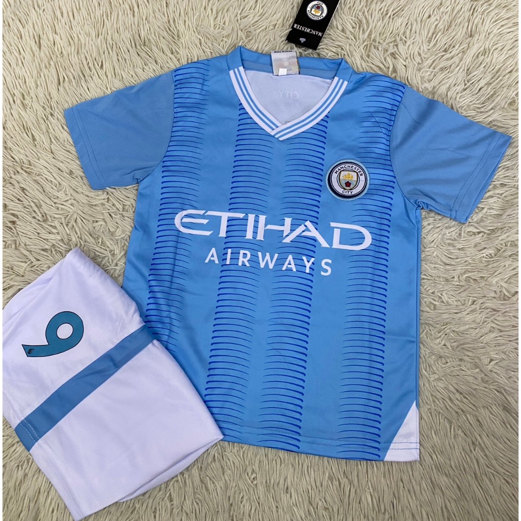 ชุดฟุตบอลเด็กสีฟ้าเบอร์9สกรีนชื่อHAALANDเสื้อ+กางเกง