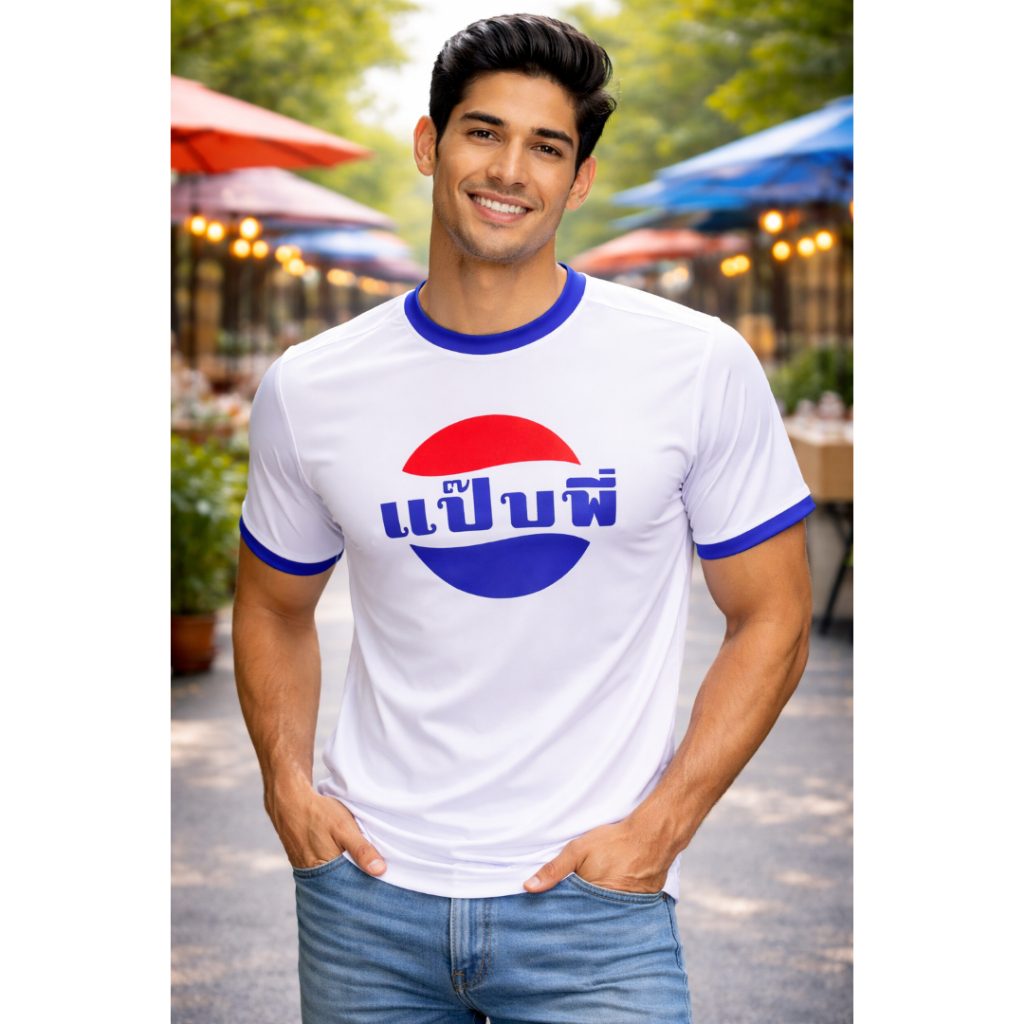 เสื้อยืดคอกลมพื้นขาว-คอน้ำเงิน สกรีนลายกวนๆ เท่ห์ๆ'แป๊บพี่' POLYESTER100% สัมผัสนุ่มลื่น เย็นสบายผิว