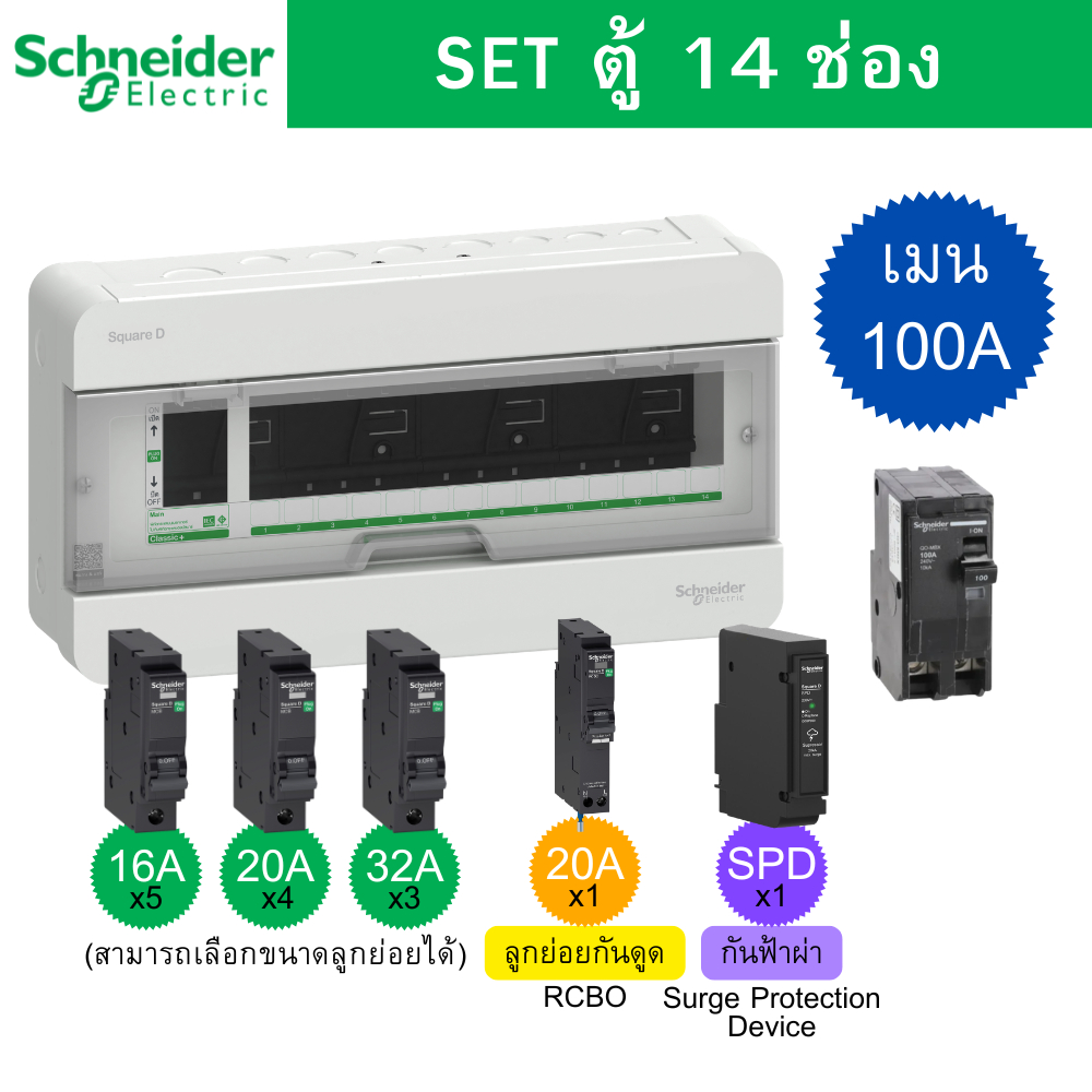 Schneider Electric S9HCL114 ตู้คอนซูเมอร์ยูนิต 14 ช่อง จัดครบชุด (ตู้+เมน100A+ลูกย่อย+SPD) รุ่น Squa