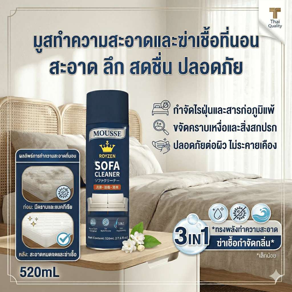 ✅3in1✅Royzen มูสทำความสะอาดอเนกประสงค์ โซฟา ที่นอน พรม ขจัดคราบหนัก แห้งไว ไม่ทิ้งรอย!