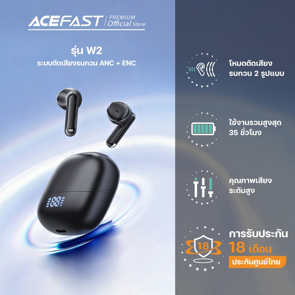 Acefast W2 หูฟังบลูทูธ หูฟังไร้สาย ANC กันน้ำ IPX4 ตัดเสียงรบกวน -35dB บลูทูธ 5.4 หน้าจอ LED