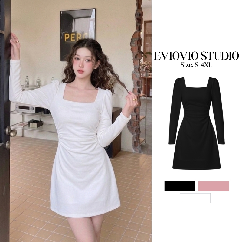 EVIOVIO【S-4XL】เดรสแขนยาวสีขาวดีไซน์คอเหลี่ยม โดดเด่นด้วยเทคนิคจับจีบช่วงเอว มีซับในซิปซ่อนหลัง ชุดทำงานสาวอวบ พร้อมส่ง🎀