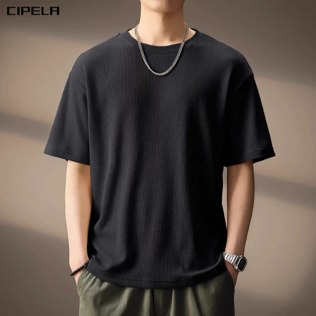 CIPELA เสื้อยืดผู้ชาย ผ้าวาฟเฟิลด์ เสื้อคอกลมสีล้วน แบบลำลองแมทช์ลุ แขนสั้นคุณภาพสูง