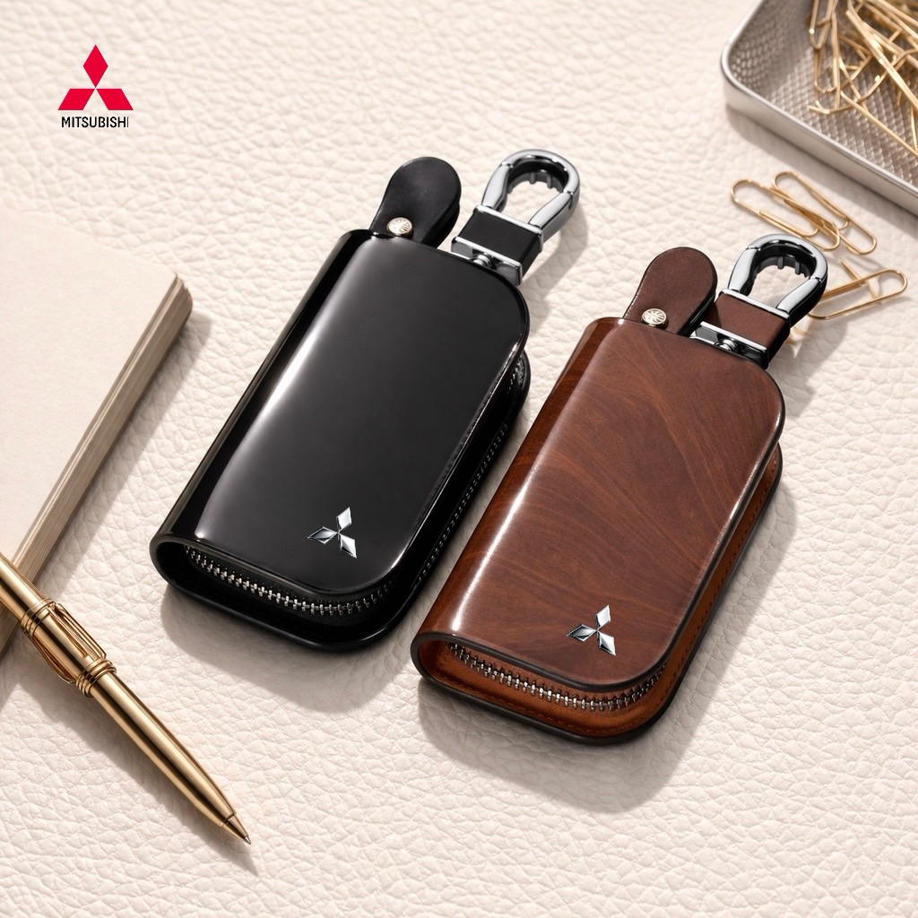 กระเป๋าซองหนังแท้ ใส่กุญแจรีโมทรถยนต์ ป้ายโลโก้ Mitsubishi ลายไม้