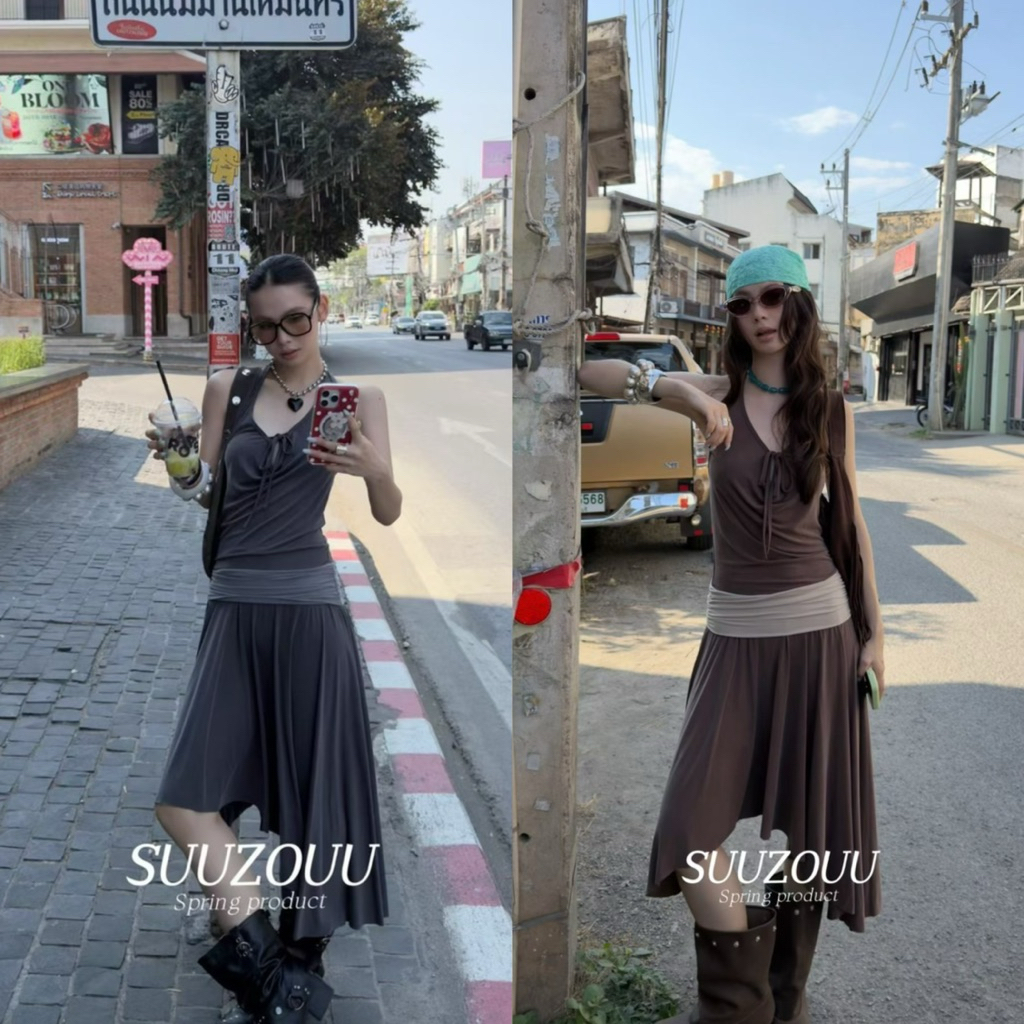#SU152 26Q152🇰🇷เดรสยาวผ้าพริ้ว ทรงคล้องคอ ช่วงเอวแต่งสีตัดกับเดรส ใส่แล้วดูเพรียวสวย Tag MMfish🇰🇷