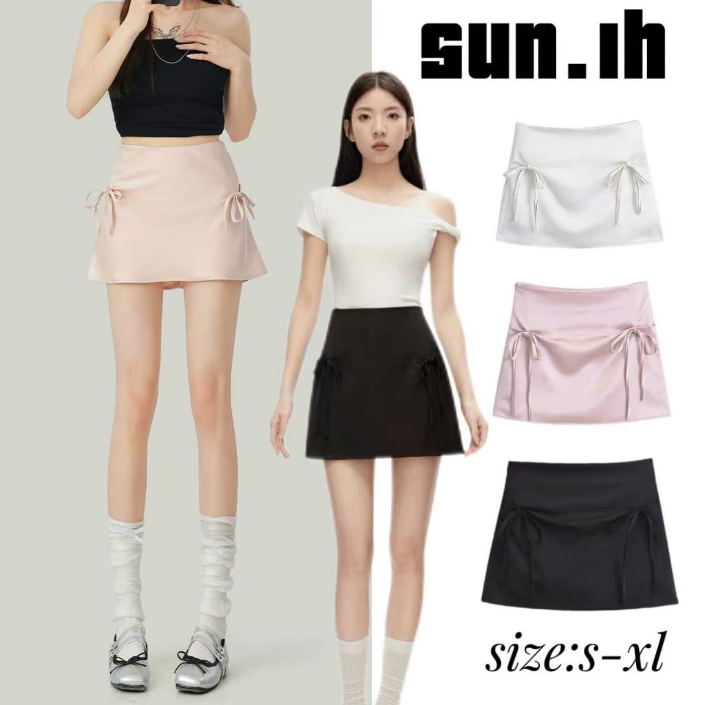 SUN🛍️พร้อมส่ง🛍️กระโปรงสั้นผูกโบว์สุดน่ารัก กระโปรงสั้นทรงเอไลน์เอวต่ำเข้ารูปสำหรับฤดูใบไม้ผลิ/ฤดูร้อน