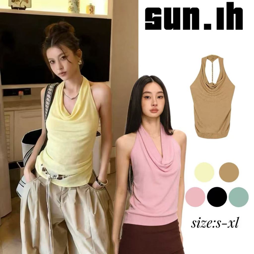 SUN🛍️พร้อมส่ง🛍️เสื้อกั๊กไหมพรมแบบผูกคอ เปิดหลัง สำหรับผู้หญิง สไตล์ฮิตในฤดูร้อน ทรงเข้ารูป ช่วยให้ดูผอมเพรียว