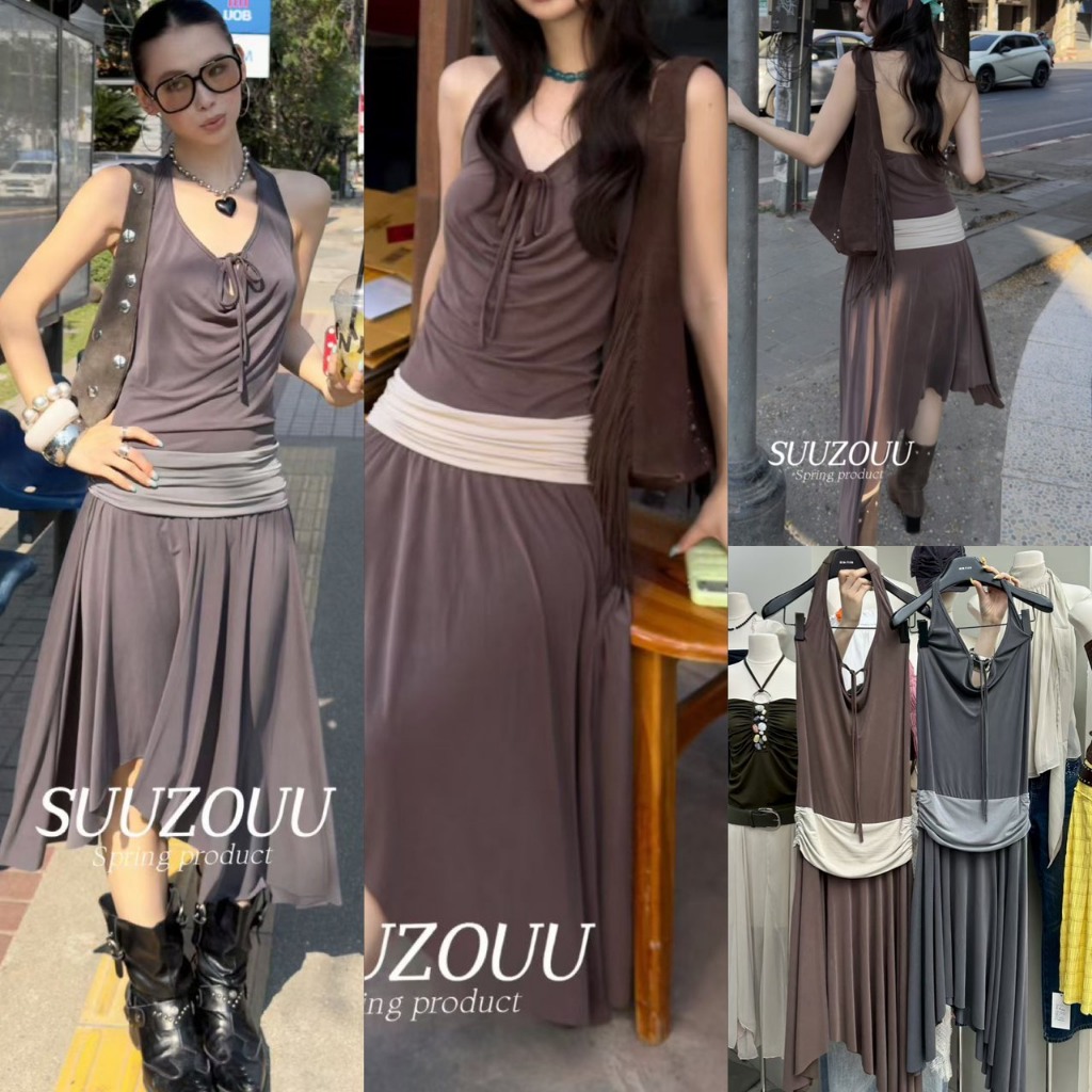 🧵🧡 🇰🇷 SU152 เดรสยาวผ้าพริ้ว ทรงคล้องคอ ช่วงเอวแต่งสีตัดกับเดรส ใส่แล้วดูเพรียวสวย แฟชั่นเกาหลี TAG M
