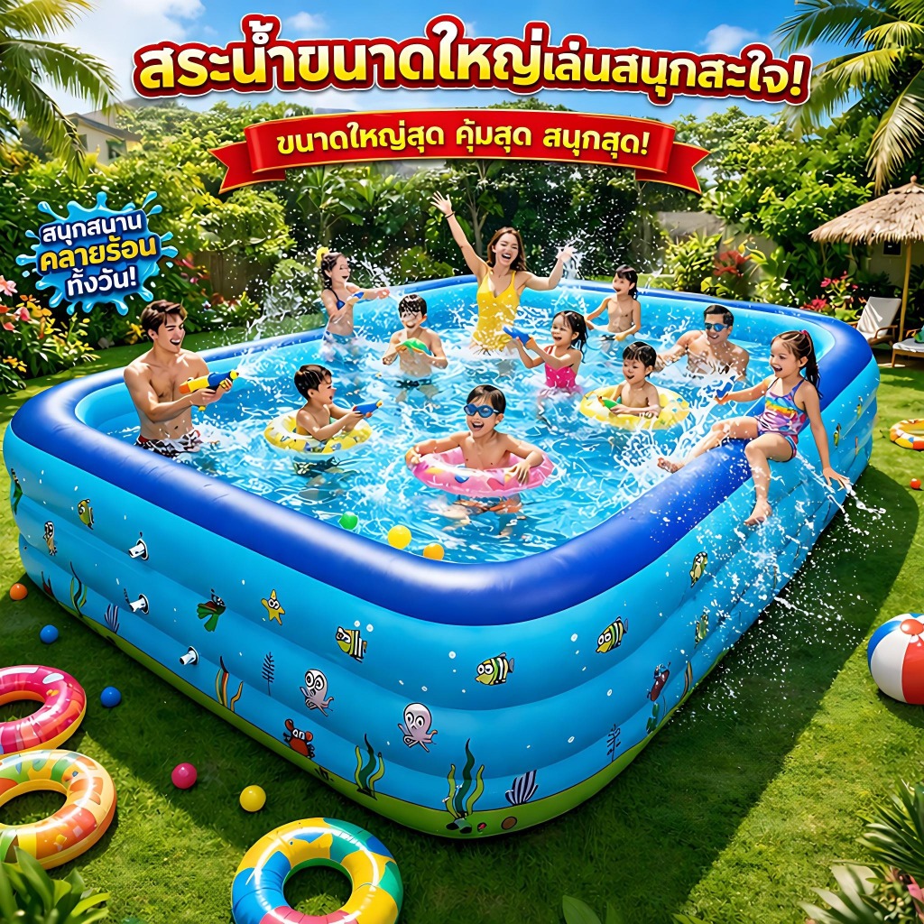 Beige สระน้ำเป่าลม สระน้ําเด็ก สระน้ํา สระว่ายน้ำ 3 ชั้น พับได้ 3/2.6/1.8M ขนาดใหญ่ สระว่ายน้ำเด็ก