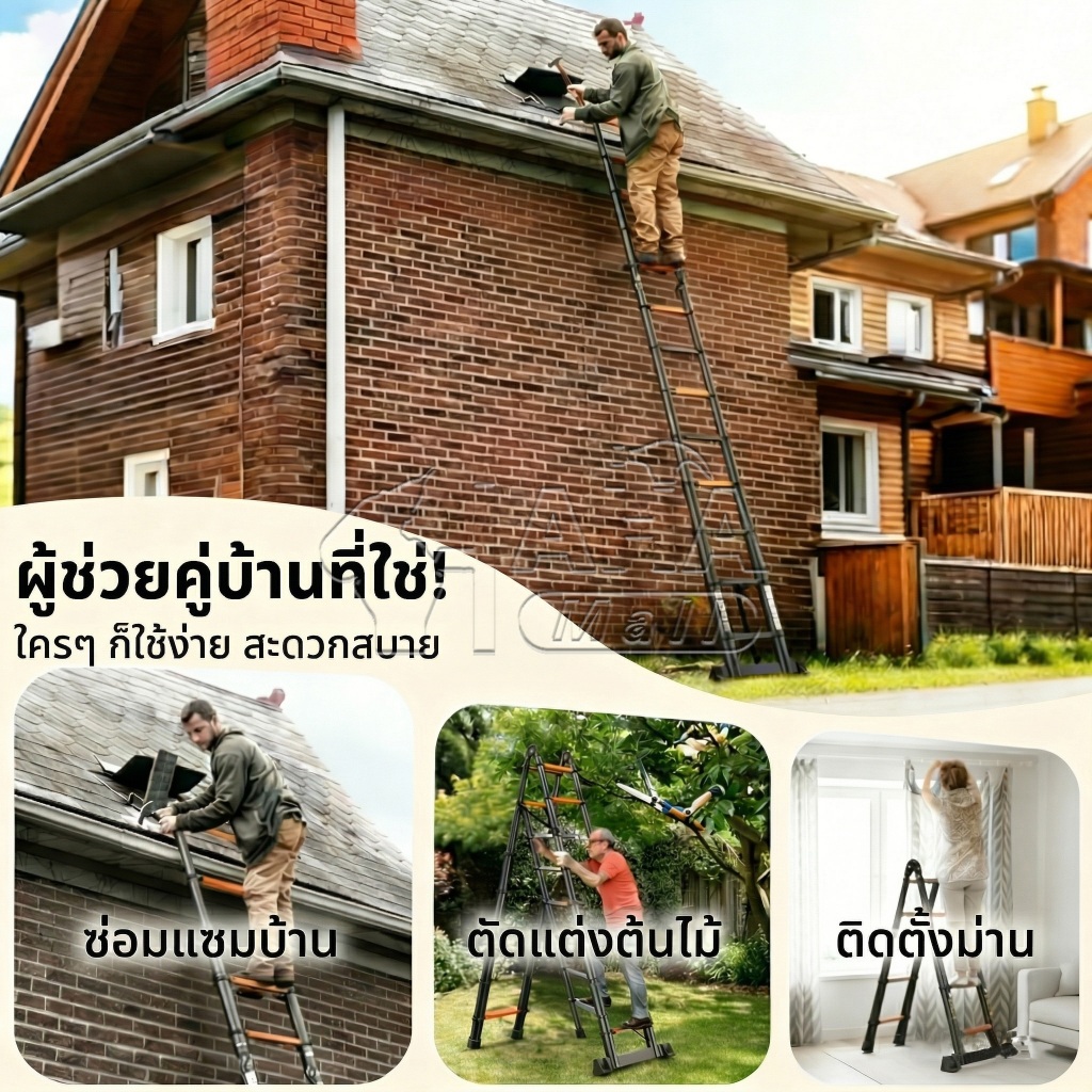 บันไดพับได้ บันไดอลูมิเนียม บันไดทรงAยืดหดได้ ความสูงบันได 1.9-6.1m หนาแน่น พกพาสะดวก ฐานกันลื่นมั่นใจไม่สะดุด รูปที่ 7