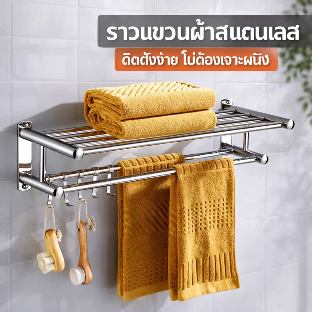 ราวแขวนผ้าในห้องน้ำ ราวตากผ้าในห้องน้ำ ราวแขวนผ้าติดผนัง ชั้นวางของในห้องน้ำ ที่แขวนติดผนัง ไม่ต้องเจาะผนัง ขนาด 60 cm
