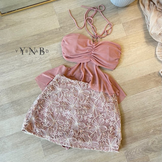 G01-เซ็ทสองชิ้นผูกคอซีทรู+กระโปรงลายดอกไม้แต่ง งานตรงปก