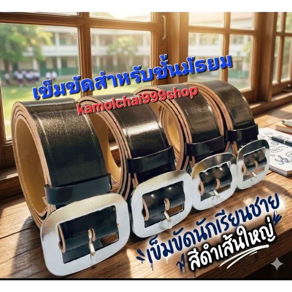 เข็มขัดนักเรียนชาย สีดำ มัธยม เส้นใหญ่  ยาว 38,40,42,46,50,52,54,56,58,60 นิ้ว