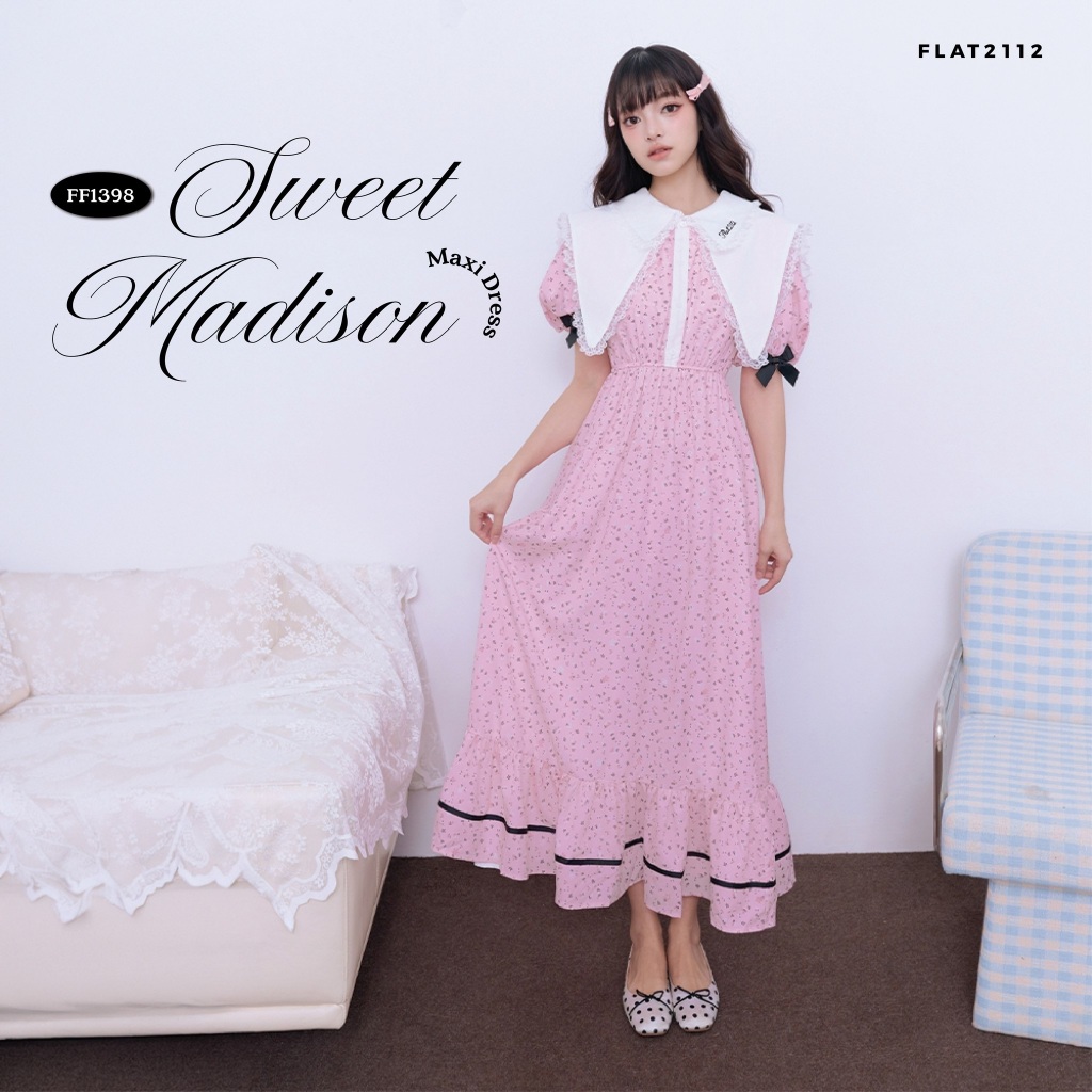 FLAT2112 : SWEET MADISON MAXI DRESS เดรสยาวลุคคุณหนู เดรสหวานละมุน เดรสลูกคุณเกาหลี เดรสทรงปล่อย เดรสตัวเดียวจบ (FF1398)