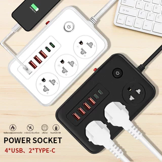 ปลั๊กพ่วง2300W พอร์ตชาร์จ USB+Type-c หลายพอร์ตแถบแพทช์ปลั๊กไฟคุณภาพสูงสายต่อสายไฟ 2M / 5M