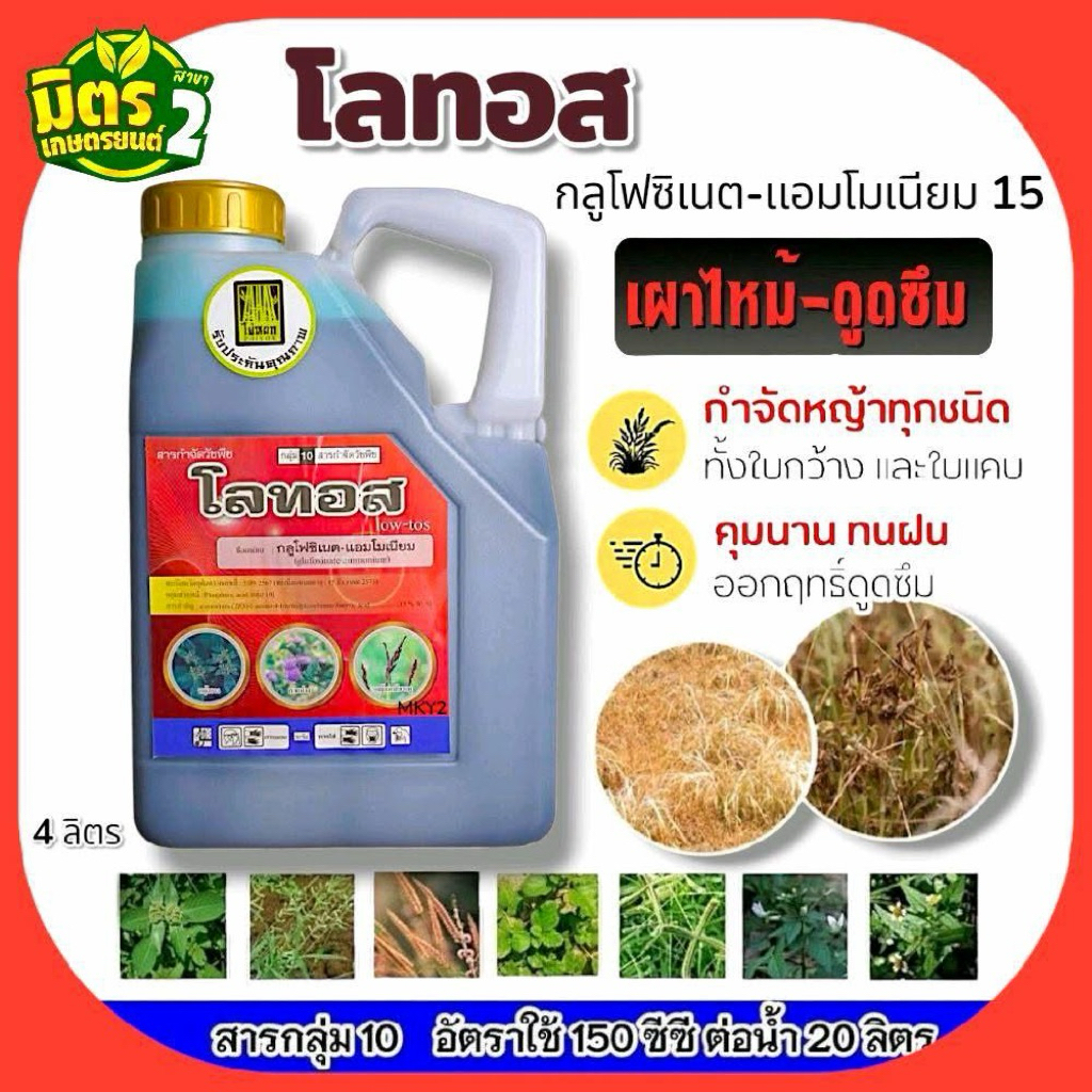 โลทอส (กลูโฟซิเนต15) เข้มข้น ของแท้100%  ขนาด4ลิตร ปราบวัชพืชในนา ในสวน ในไร่ ทั้งใบแคบใบกว้างทุกชนิด ไม่ตกค้างในดิน