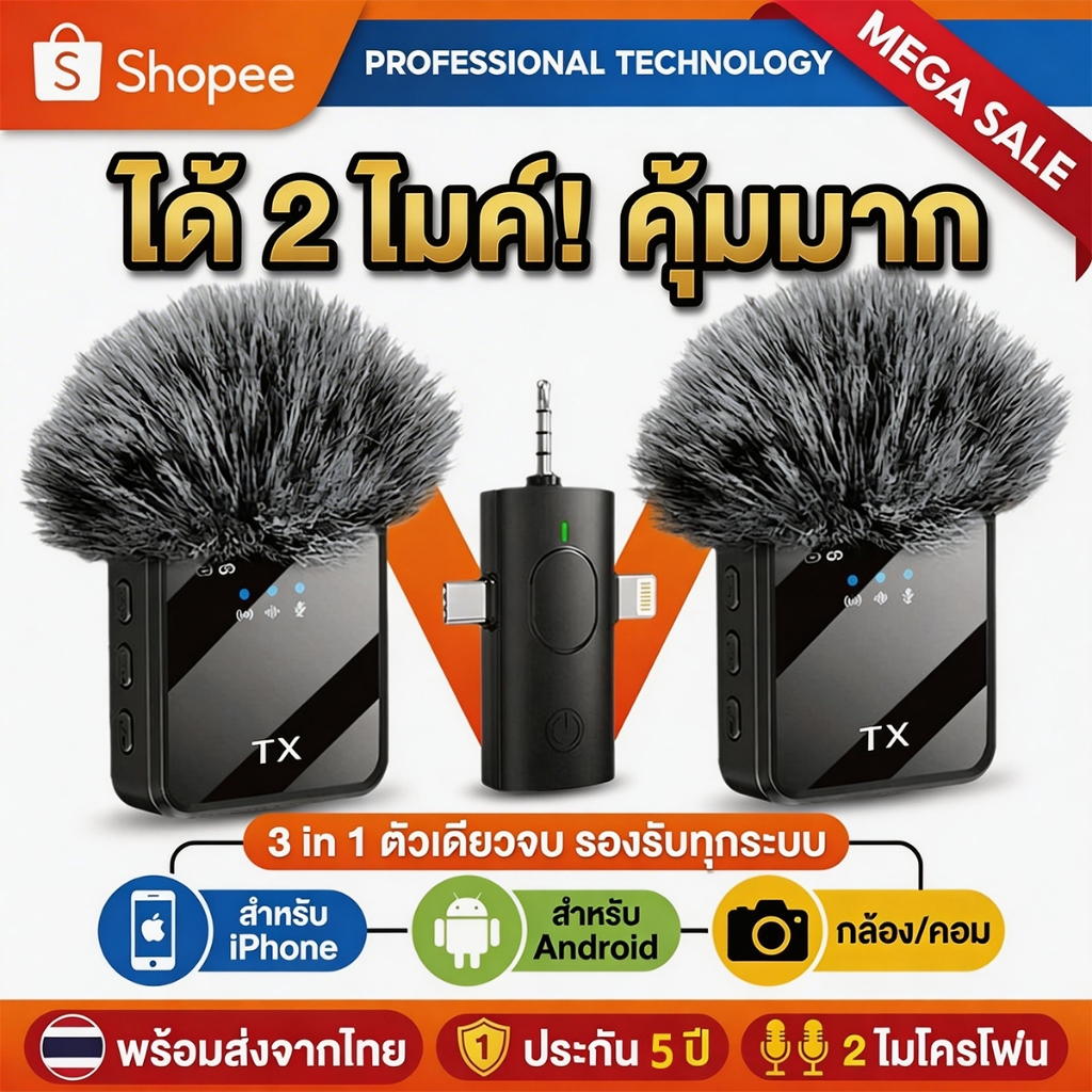 รับประกัน 5 ปี🎙 ไมโครโฟนไร้สาย ระบบตัดเสียง เสียงชัด ถ่ายVDO/Live เชื่อม iPhone Android Wireless Microphone
