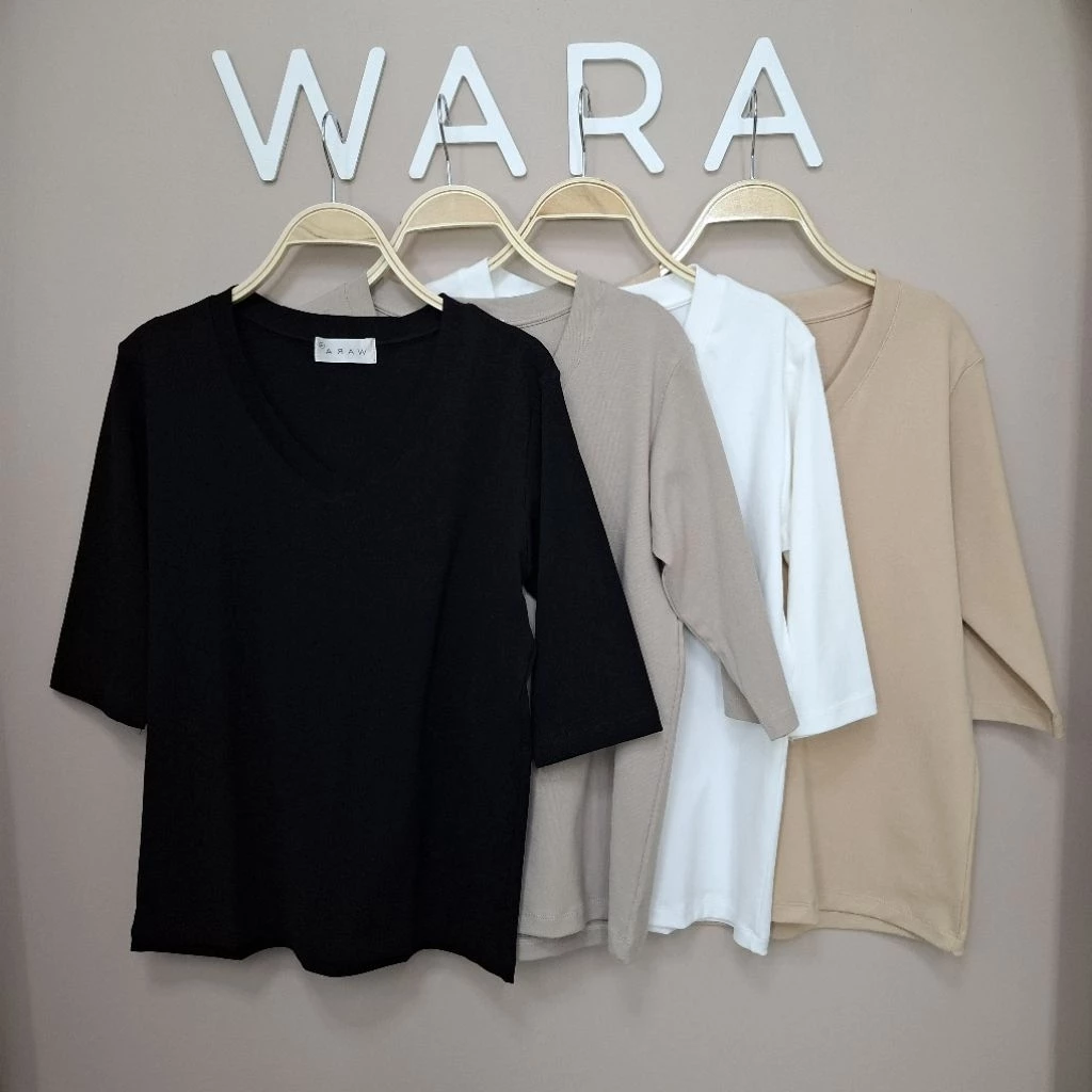 [ U46 ] WARA เสื้อคอวีแขนศอก ผ้านุ่ม ใส่สบาย COTTON SPANDEX ไม่ต้องรีด