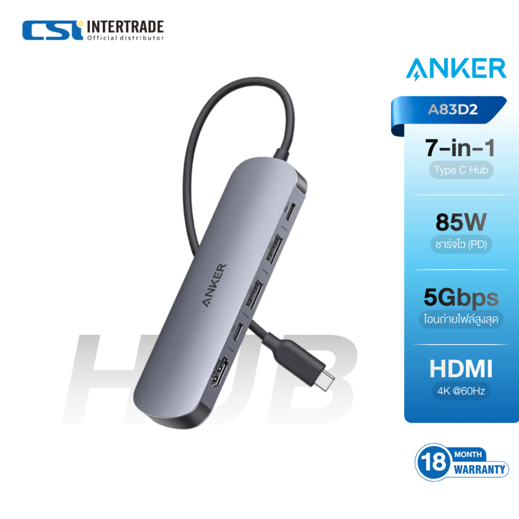 Anker ฮับ 7-in-1 Nano USB-C PD Media Hub 5Gbps PD100W สำหรับแล็ปท็อป รุ่น A83D2