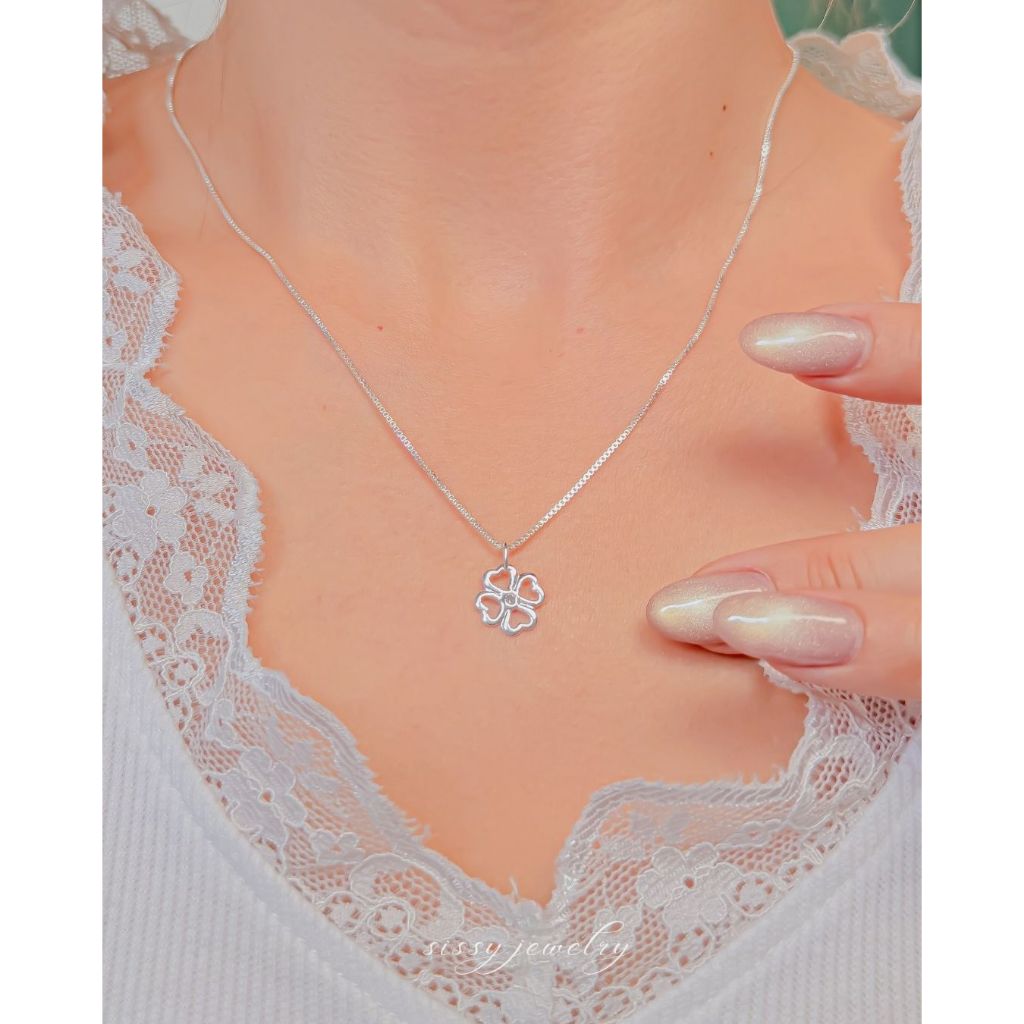 SissyJewelry // สร้อยคอเงินแท้ จี้ Clover box chain necklace (เปลี่ยนลายสร้อยแจ้งหมายเหตุ) 🎁Free gift box🎁
