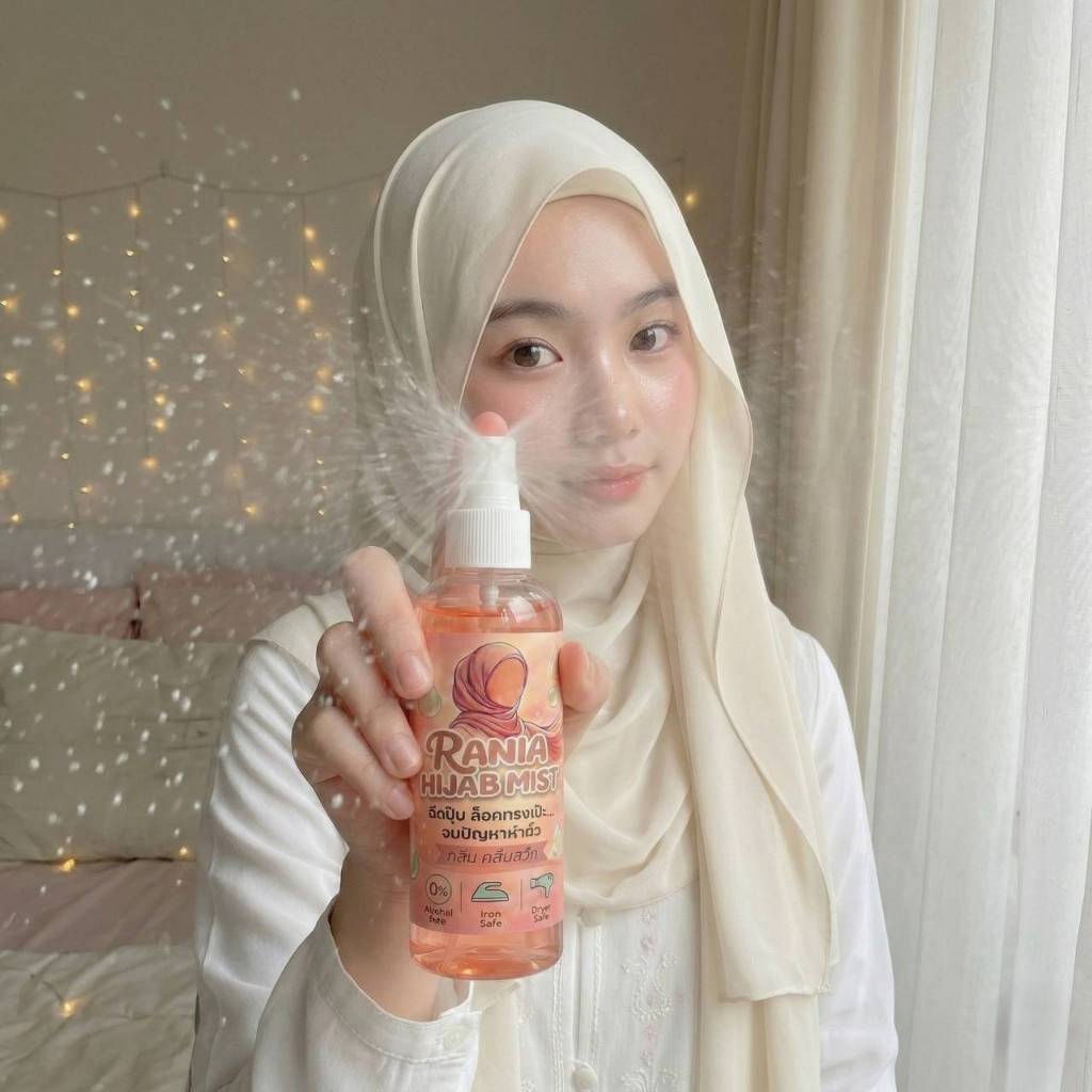Rania Hijab Mist สเปรย์แต่งทรงผ้าคลุมฮิญาบ ราเนีย ฮิญาบมิส สูตรใส แห้งไว กลิ่นหอม ใช้รีดและเป่าไดร์ได้ กลิ่นคลีนสวีท